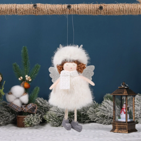 Plush Christmas Angel Doll With Antlers Glitter Wings Plaid Scarf Hanging Decoration For Xmas Tree Party Home