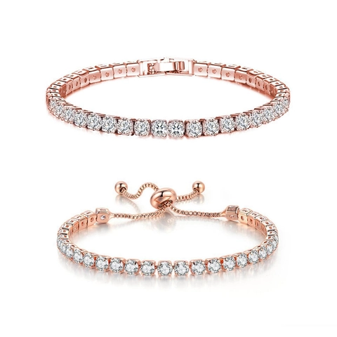 Copper Tennis Bracelet With Round Cubic Zirconia And 18K White Gold Plated Adjustable Bolo Clasp Elegant Jewelry For Women