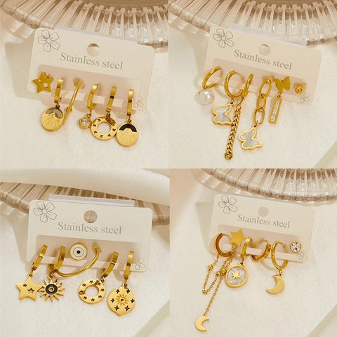 Gold Plated Stainless Steel Earrings For Women Star Moon Butterfly Daisy Heart Shell Faux Artificial Pearl Zircon Studs Hoops Drops