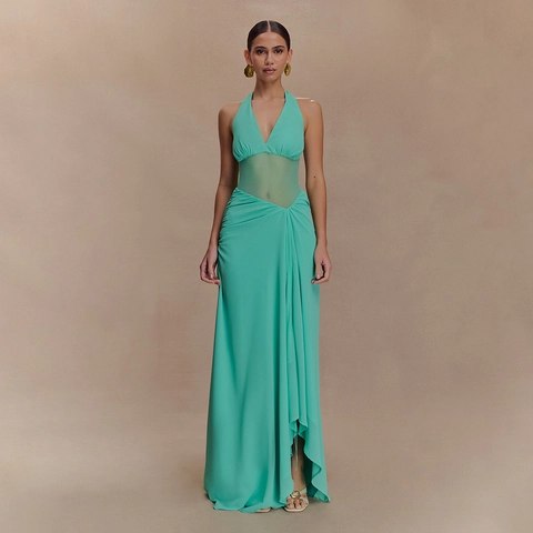 Abito Lungo Sexy Allacciato Al Collo Scollo A V Profondo Chiffon Rete Trasparente Senza Maniche Vita Alta Festa Sera Donna