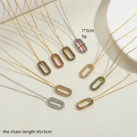 Collier en Cuivre avec Pendentif Ovale en Zirconia Coloré pour Femme Style Ins Chaîne de Clavicule Géométrique Bijoux de Mode Électroplaqués
