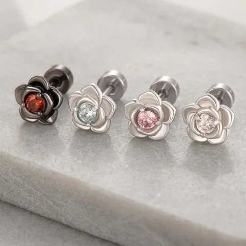 Flower Stud Earrings Titanium Steel Rose Shape Cubic Zirconia Screw Back Trendy Cool Unisex Jewelry Accessory