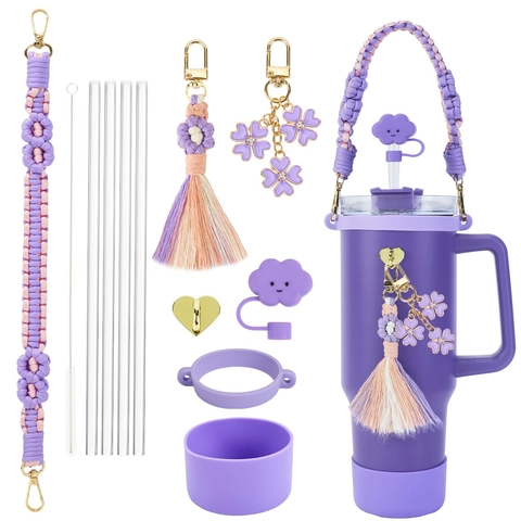 Braided Rope Strap Water Bottle Accessories Silicone Straw Cover Tassel Flower Charm Tumbler Decoration Aesthetic Handmade