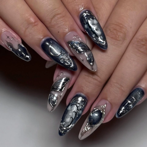 Uñas Postizas Press On 3D Ojo De Gato Mariposa Luna Estrella Metálico Plata Cyberpunk Stiletto Largas Manicura