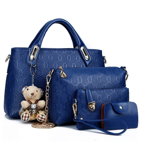 Ensemble de 4 Sacs à Main pour Femmes en Cuir PU Gaufré Sac à Épaule Cabas Sac Messager Avec Pendentif Ours Ensemble de Sacs de Mode