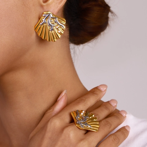 Vintage Oceaanstijl Roestvrij Staal Schelp Koraal Parel Ring Oorbellen Sieraden Waterdicht Hypoallergeen Goud Zilver Tweekleurige Accessoires