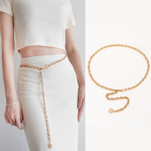 Damen Metall Kettengürtel Mit Sonnenanhänger Verstellbare Punk Taille Körperkette Für Kleid Boho Stil Accessoire