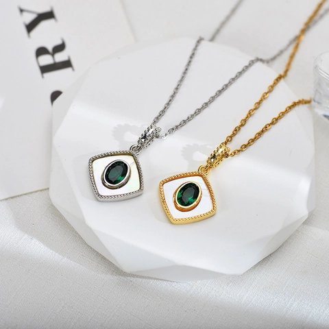 Vintage Geometrisch Quadrat Anhänger Halskette Für Damen Kupfer Gold Beschichtet Grün Zirkonia Perlmutt Clavicle Kette