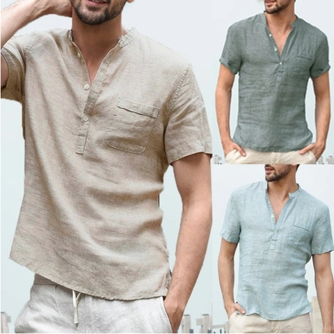 Ανδρικό Casual Λινό Βαμβακερό Πουκάμισο Henley Κοντό Μανίκι Όρθιος Γιακάς Μονόχρωμο Καλοκαιρινό Top Με Τσέπη