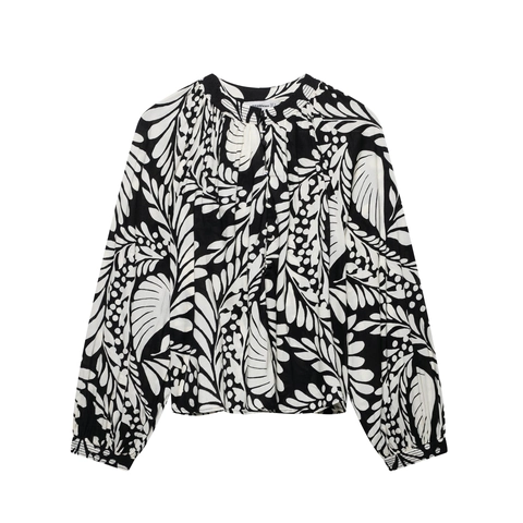 Camicetta da Donna Casual a Maniche Lunghe Elegante Stampa Botanica di Foglie con Ruches Collo in Piedi Nero Bianco Top di Moda