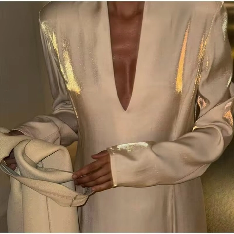 Elegant Satin V Neck Maxi Dress Long Sleeve Side Slit French Style Solid Color High Waist Loose A Line For Women