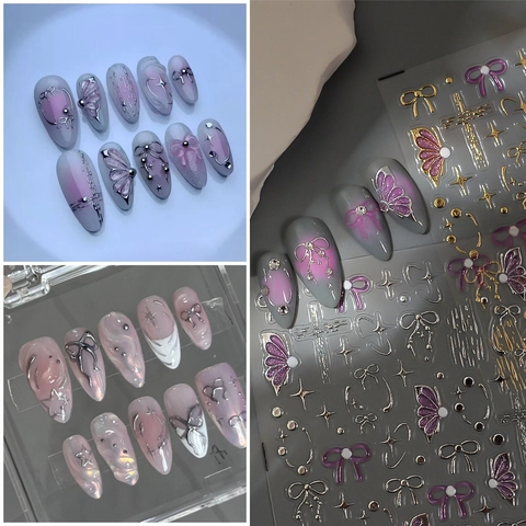 Autocollants Ongles Relief 5D Métallique Papillon Nœud Étoile Motif Imperméable Adhésif DIY Manucure Décoration Style Y2K