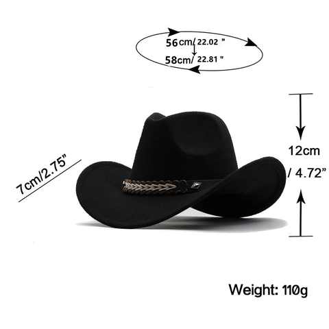 Western Cowboy Hat Felt Wide Brim Fedora With Woven Belt Rivets Retro Style Adjustable Solid Color For Men Women