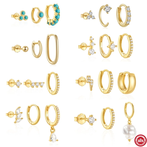 Boucles D'oreilles Minimalistes En Argent Sterling 925 Créoles Et Puces Zirconia Künstliche Perle Turquoise Bijoux Mode Femmes Élégant Trendy
