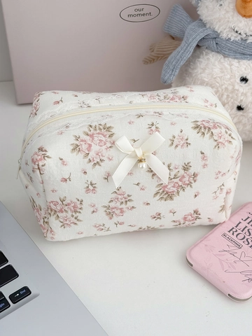 Bolsa De Maquillaje De Algodón Floral Gran Capacidad Neceser Portátil Con Encaje Lazo Perla Artificial Colgante Estilo Pastoral