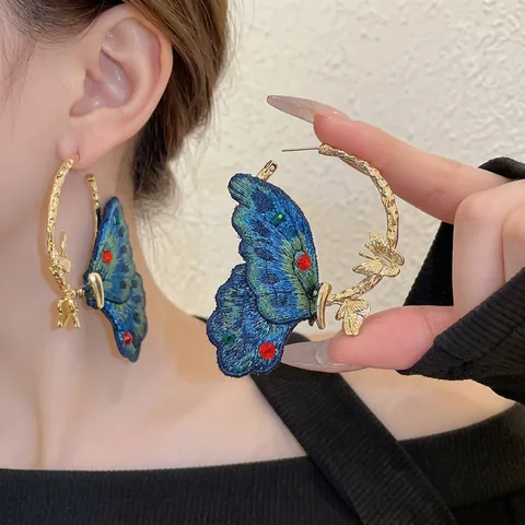 Orecchini A Cerchio Farfalla Con Tessuto Ricamato Blu Strass E Perno In Argento Sterling 925 Vintage