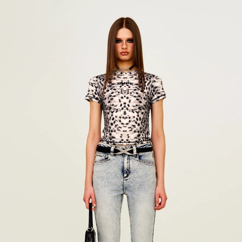 Leopard Print T-Shirt Modal Slim Fit Rundhals Kurzarm Streetwear Crop Top Damen Casual Mode