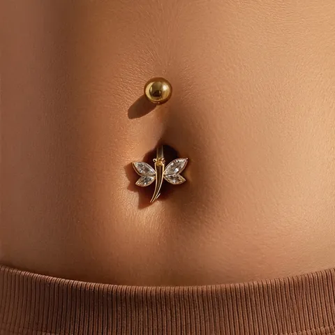 Stainless Steel Belly Button Ring Zircon Inlaid Butterfly Heart Cherry Shape Navel Piercing Jewelry Women Y2K Exquisite Body Jewelry