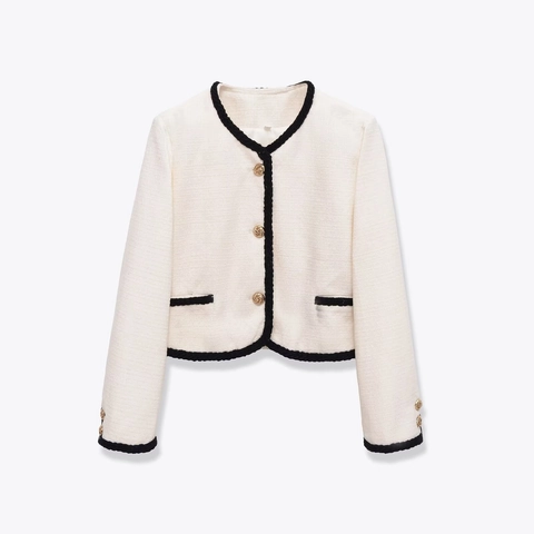 Veste En Tweed Élégante Pour Femme Courte Col Rond Manches Longues Bordure Contrastée Boutons Dorés Style Français