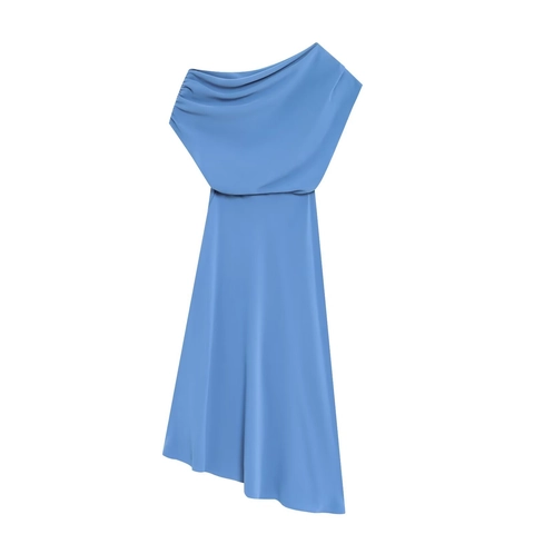 One Shoulder Maxi Kleid Elegant Asymmetrisch Gerafft Taille Ärmellos Unregelmäßiger Saum Blau Abendparty Für Damen