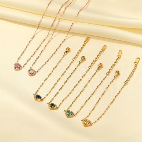 Heart And Square Colorful Zircon Stainless Steel Bracelet Necklace Elegant Jewelry For Women Fashion Accessory