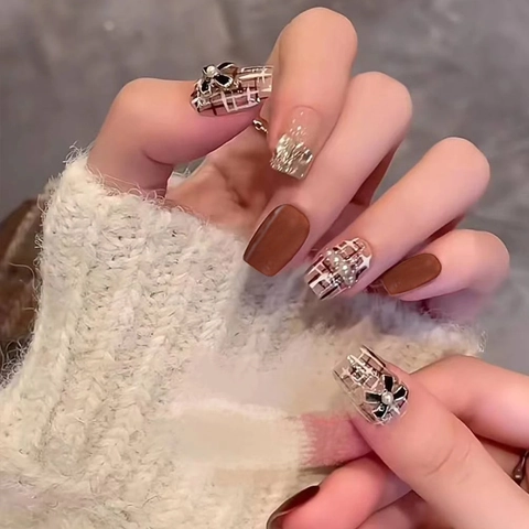 Press On Nails Short Square Artificial False Nails Cat Eye Rhinestone Bow Artificial Pearl Tweed Style Luxury Elegant For Women