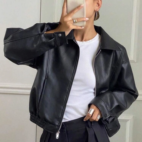 Women Vintage Faux Leather Jacket Oversized PU Biker Coat Zipper Lapel Retro Streetwear Short Outwear