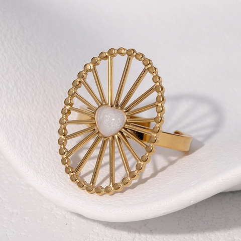 Heart Open Adjustable Ring Stainless Steel 18K Gold Plated Sunburst Texture Retro Enamel Jewelry For Women
