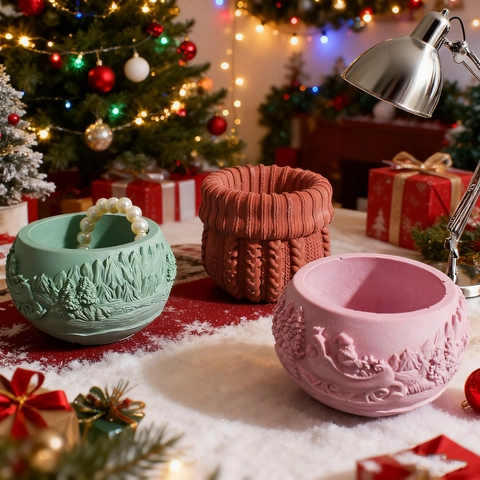 Christmas Relief Santa Claus Knitted Texture Flower Pot Silicone Mold DIY Candle Holder Plaster Resin Craft Making