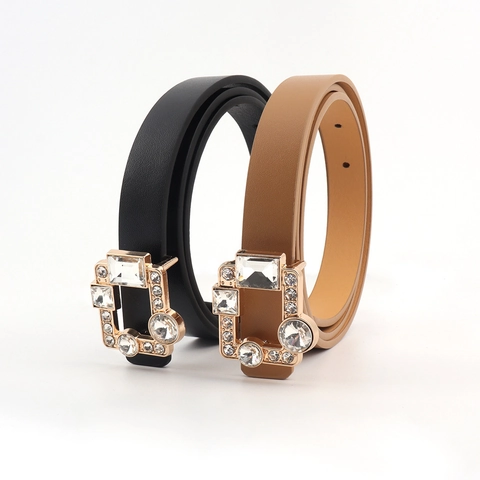 Ceinture Fine Femme En Cuir PU Avec Boucle Carrée Strass Sangle Taille Chic Pour Robe Jeans Accessoires Décoratifs