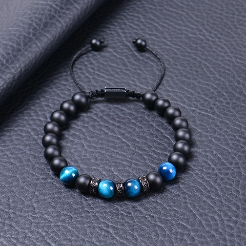 Men Beaded Bracelet Blue Tiger Eye Matte Black Stone Adjustable Rope Heartfelt Greeting Card Gift For Boyfriend Husband