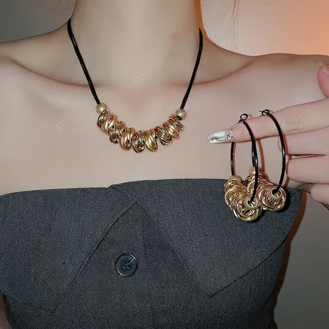 Necklace And Hoop Earrings Jewelry Twisted Round Rings Iron Metal With Silver Earring Post Leather Cord Industrial Style Women