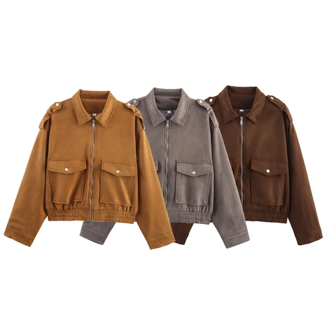 Chaqueta De Gamuza Para Mujer Corta Suelta Con Cremallera Cargo Bomber Con Bolsillos Y Hombreras Color Sólido