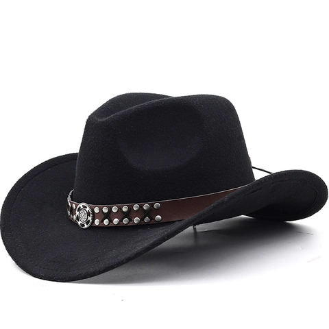 Western Cowboy Hat Wide Brim Wool Felt Vintage Outdoor Riding With Leather Belt Metal Rivets For Men Women