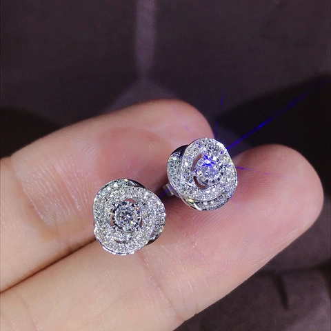 Orecchini A Lobo Fiore Rosa Eleganti Rame Intarsiato Con Zirconia Spirale Gioielli Lucidi Per Donne Quotidiano