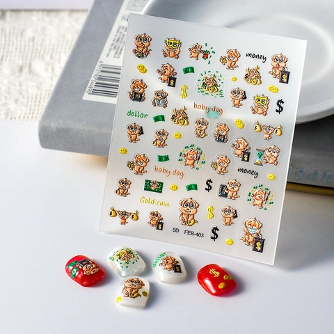 5D Reliëf Nagel Stickers 3D Stereoscopisch Waterdicht Schattig Cartoon Hond Geld Patroon Zelfklevend Nail Art