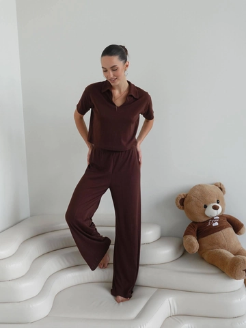 Set Due Pezzi In Maglia Da Donna Top Polo A Maniche Corte E Pantaloni A Gamba Larga A Vita Alta