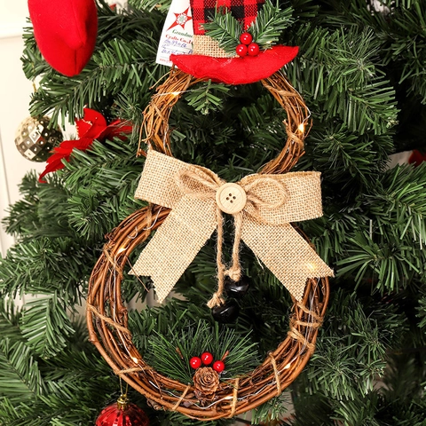 Christmas Wreath LED Hanging Ornament Rattan Snowman Tree Shape Burlap Bow Pine Cone Berry Festive Home Door Decor