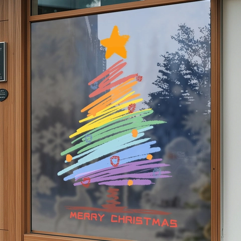 Christmas Tree Window Stickers Static Cling PVC Colorful Graffiti Hand Drawn Decals For Shop Glass Door Holiday Decoration