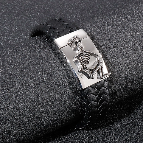 Bracciale Da Uomo In Pelle Intrecciata Con Chiusura In Acciaio Inossidabile 316L Teschio Punk Gothic