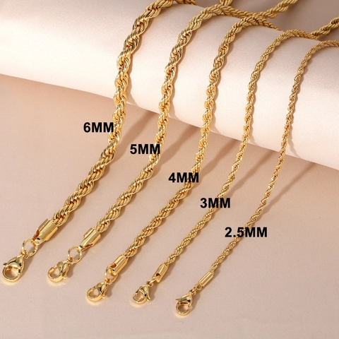 Rope Chain Necklace Gold Plated Copper Twist Link Minimalist Hip Hop Fashion Jewelry For Unisex Adjustable