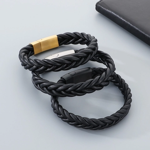 Bracelet En Cuir Microfibre Tressé Pour Hommes Avec Fermoir Magnétique En Acier Inoxydable Bijou Minimaliste