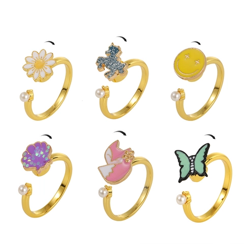 Rotating Open Ring Women Copper Enamel Daisy Butterfly Smiley Face Imitation Artificial Pearl Adjustable Stress Relief Fidget Jewelry
