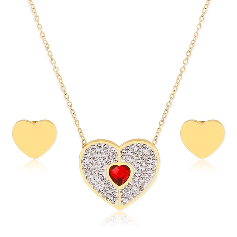 Stainless Steel Heart Necklace And Earrings With Red Cubic Zirconia Rhinestone For Women Romantic Elegant