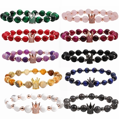 Bracelet Perles Couronne Pierre Naturelle Oeil De Tigre Cuivre Micro Inlay Zircon Charme Bijoux Femmes