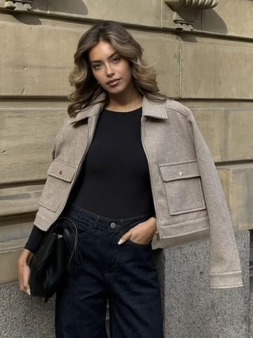 Women Tweed Jacket Short Woolen Coat Zipper Closure With Pockets Elegant Lapel Streetwear Autumn Outerwear