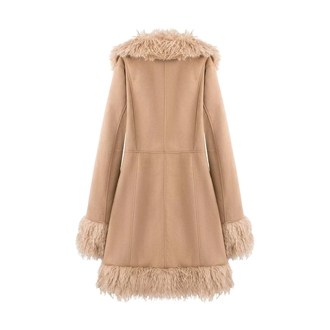Damen Mantel Mit Kunstpelzbesatz Wildlederoptik Langarm Reißverschluss Patchwork Warm Elegant Reverskragen Jacke