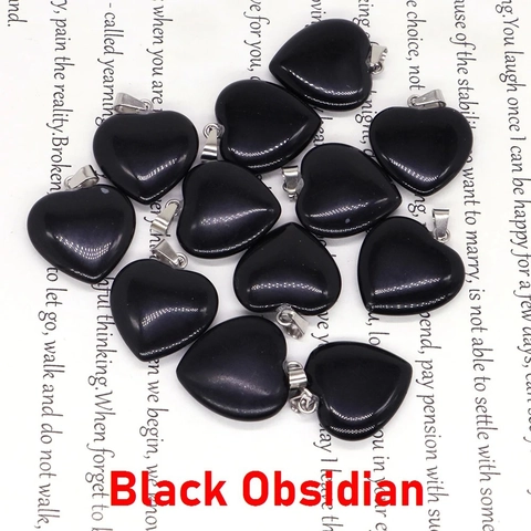 Heart Shaped Natural Stone Crystal Pendant Necklace Amethyst Rose Quartz Obsidian Polished For Women Girls Jewelry Gift