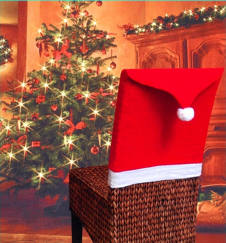Christmas Chair Back Covers Non-woven Fabric Santa Hat Design Red And White With Pom Pom Dining Room Party Decoration