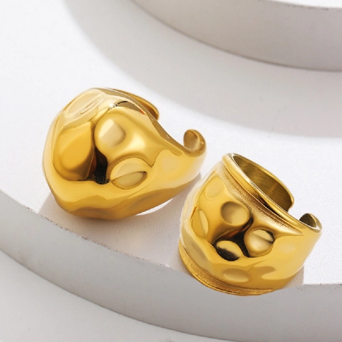 Vintage Edelstahl Offener Ring Für Damen 18K Vergoldet Gehämmert Unregelmäßig Texturierter Chunky Statement Fingerring Mode Schmuck